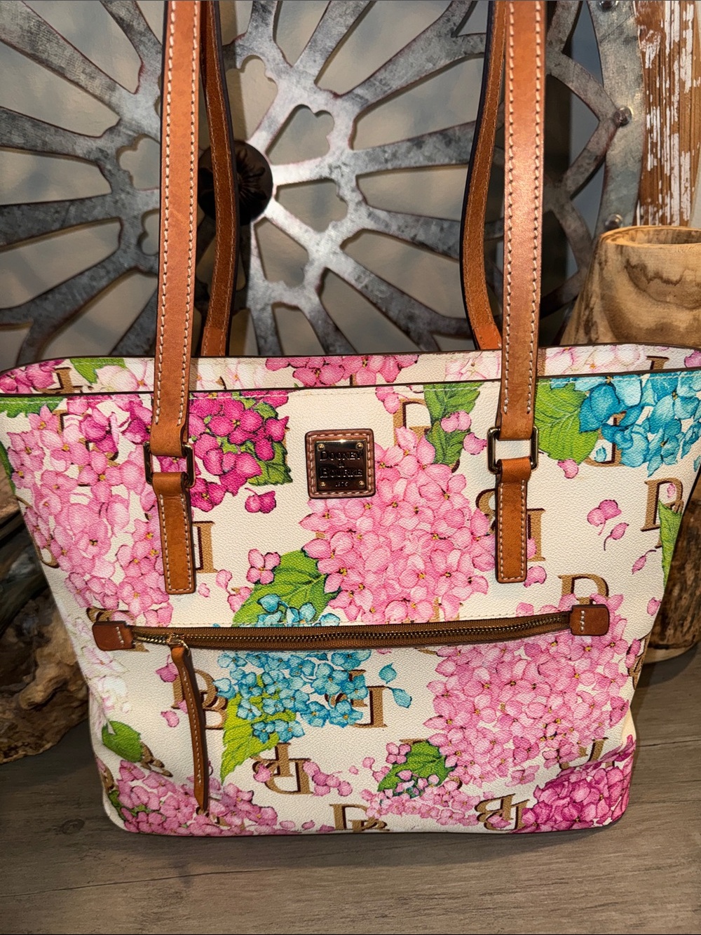 Dooney & Bourke Floral Tote in Pink, Blue and Green with Brown Trim
